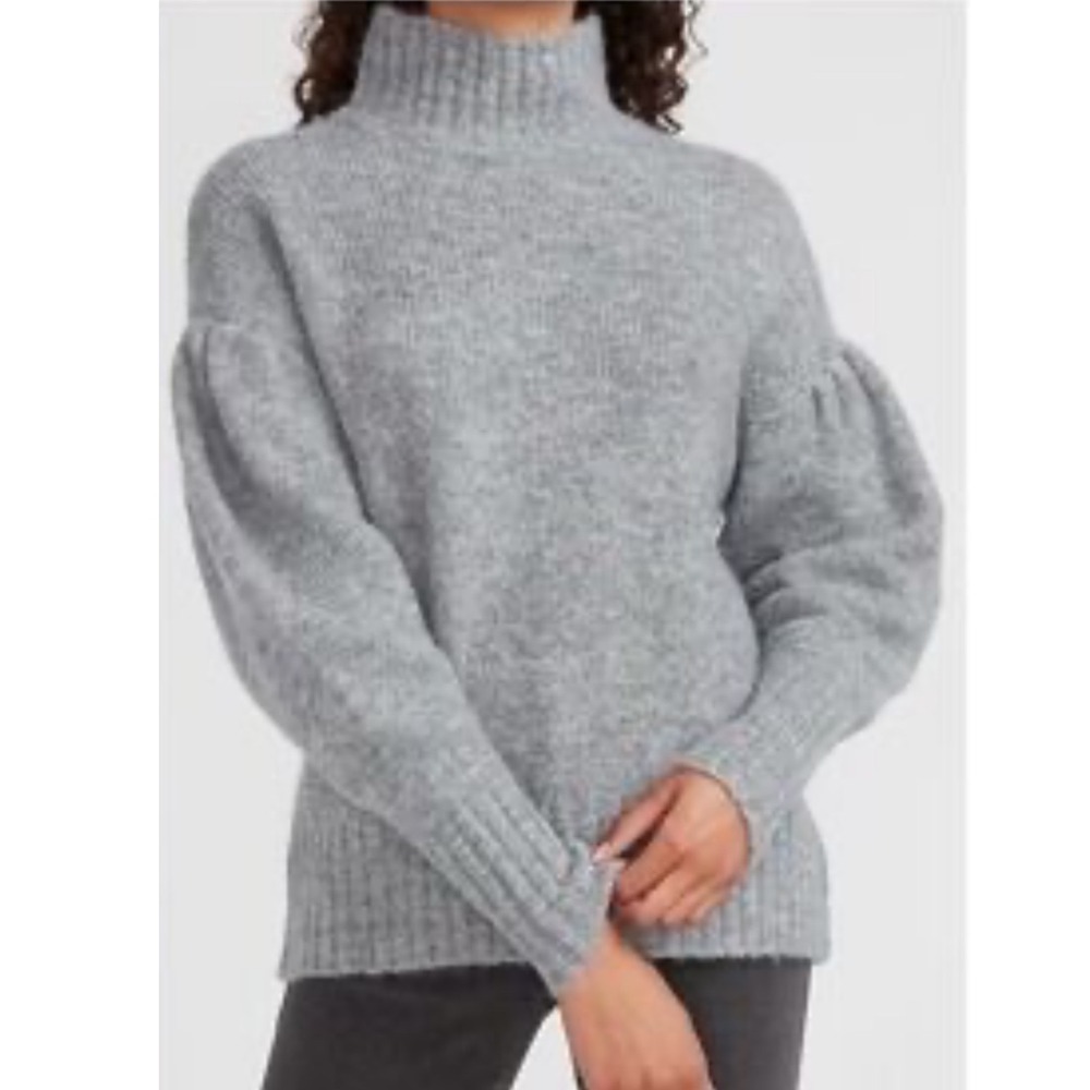 Express Mock Neck Puff Sleeve Sweater Womens Large Gray Fuzzy Knit 008371844